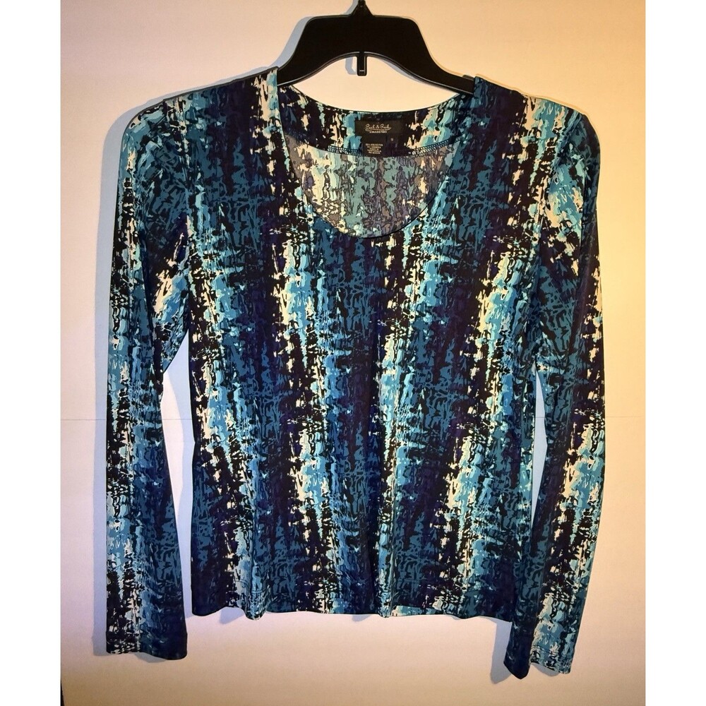Peck & Peck Collection Women's Blue Abstract Knit Long Sleeve Blouse Size S